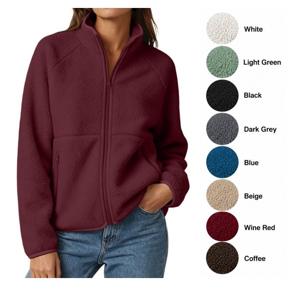 XRoczxe Women's Full Zip Sherpa Fleece Jacket, Soft Warm Teddy Coat with Zipper Pockets, Casual Stand Collar Winter Pullover for Daily Wear & Travel