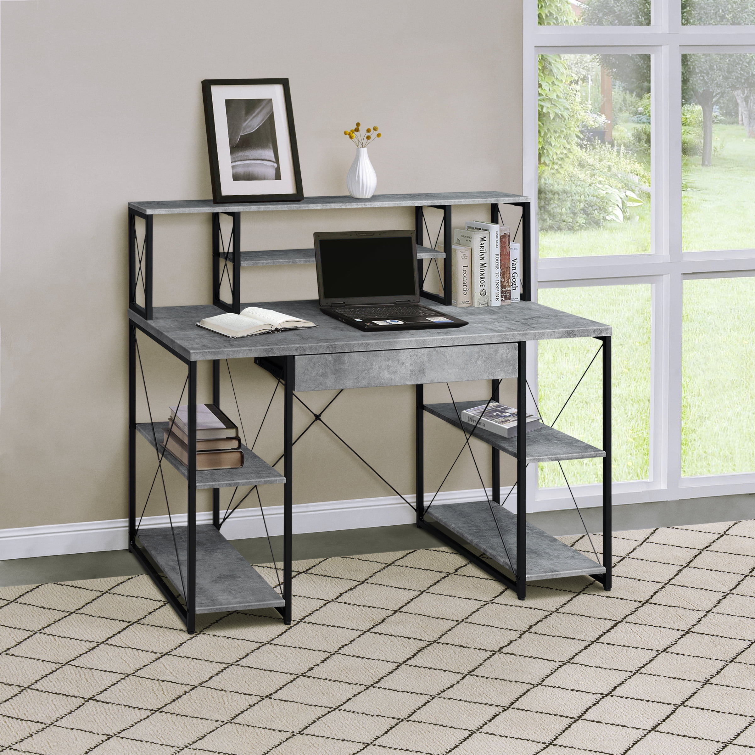 Astoutdoor Grey and Black Office Desk with Open Shelves and Hutch