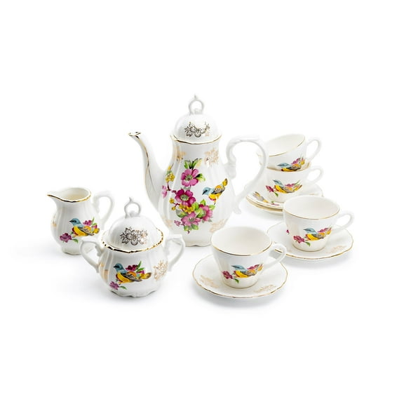 Grace Teaware Spring Flowers with Bird Fine Porcelain Children's 11 Pieces Tea Set