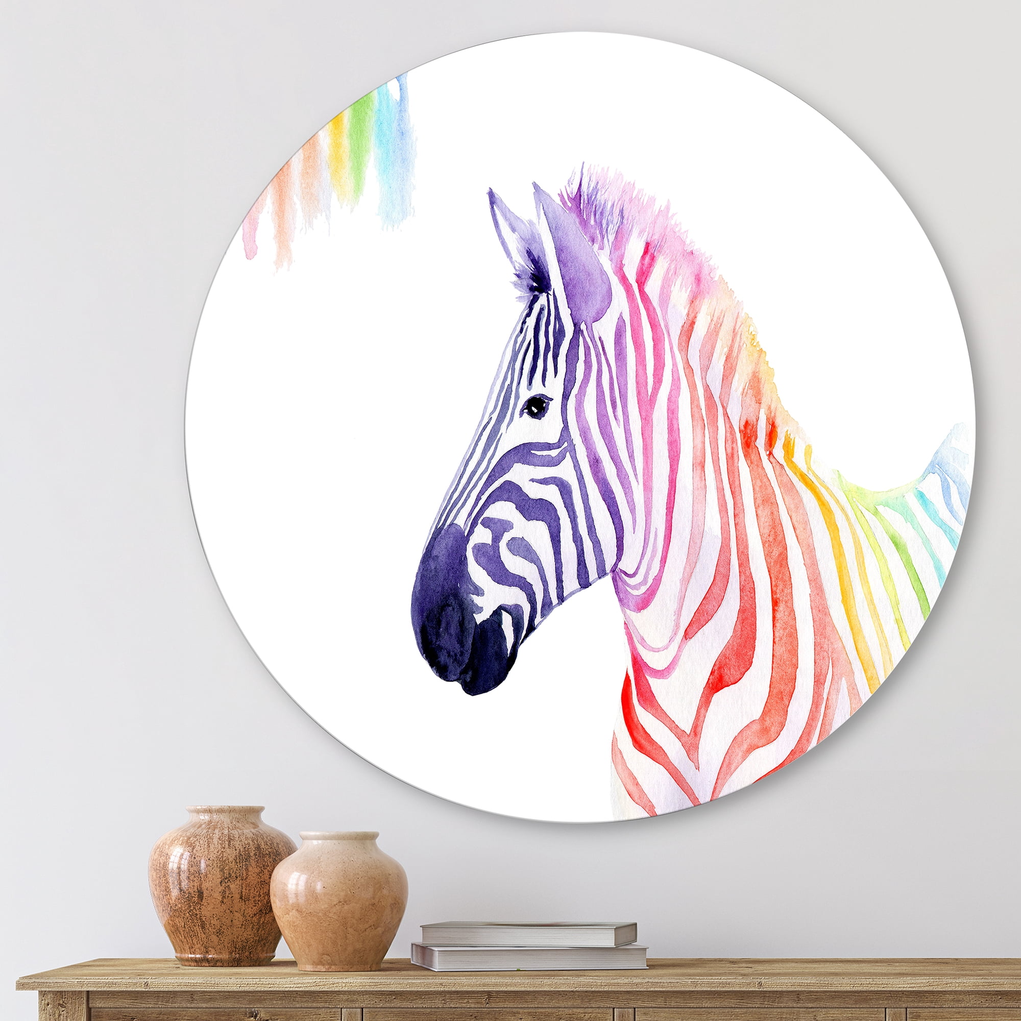 Designart 'Portrait of Rainbow Zebra On White' Farmhouse Circle Metal Wall Art 11x11 - Disc of 11