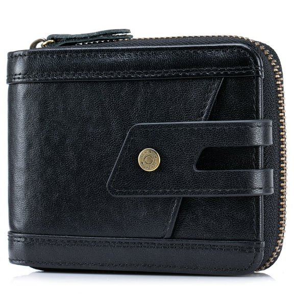 Zipper Wallet for Men Large Capacity RFID Blocking Genuine Leather Vintage Wallet with Coin Pocket ID Window, Black