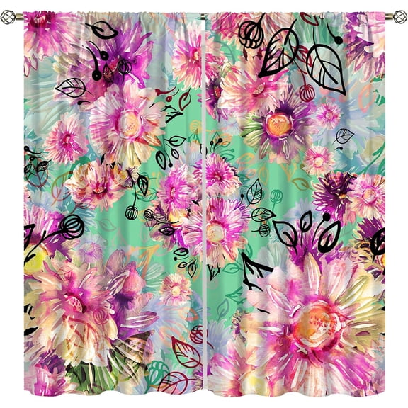 Watercolour Floral Curtains, Colourful Floral Hand-Painted Buds Branches and Leaves Plants, Bedroom Living Room Kitchen Blackout Curtains42X84x2 Inch