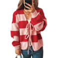 thumbnail image 3 of Chaqueta de Punto Holgada Informal con Cuello en V y Larga para Mujer, Cárdigan de Punto con Cordones y Rayas en Contraste. Rojo S, 3 of 9