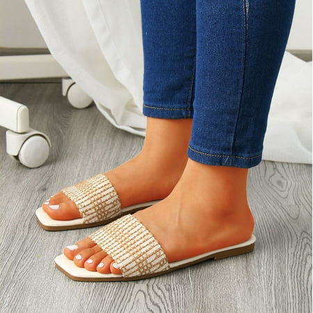 

uikmnh Women Shoes Ladies Fashion Summer Colorblock Braided Breathable Flat Fish Mouth Slippers Beige 7.5