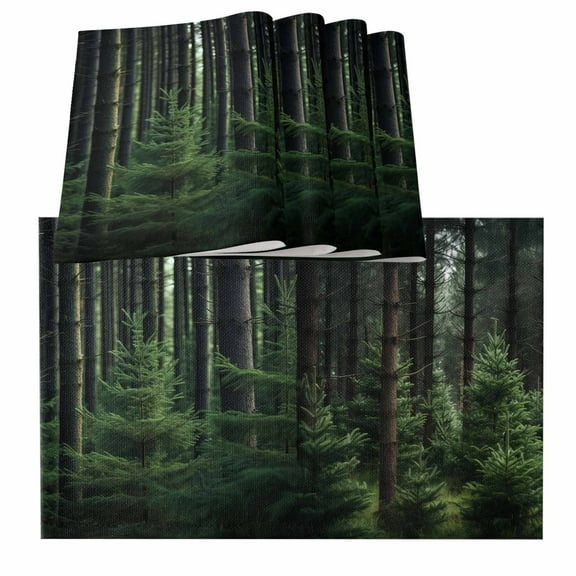 Green Forest Placemats for Dinning Table Set of 6, Mysterious Primitive Forest Pine Tree Burlap Kitchen Place Mats Waterproof Cloth Table Mats, Indoor Outdoor Placemats Easy Clean Dinner Decor