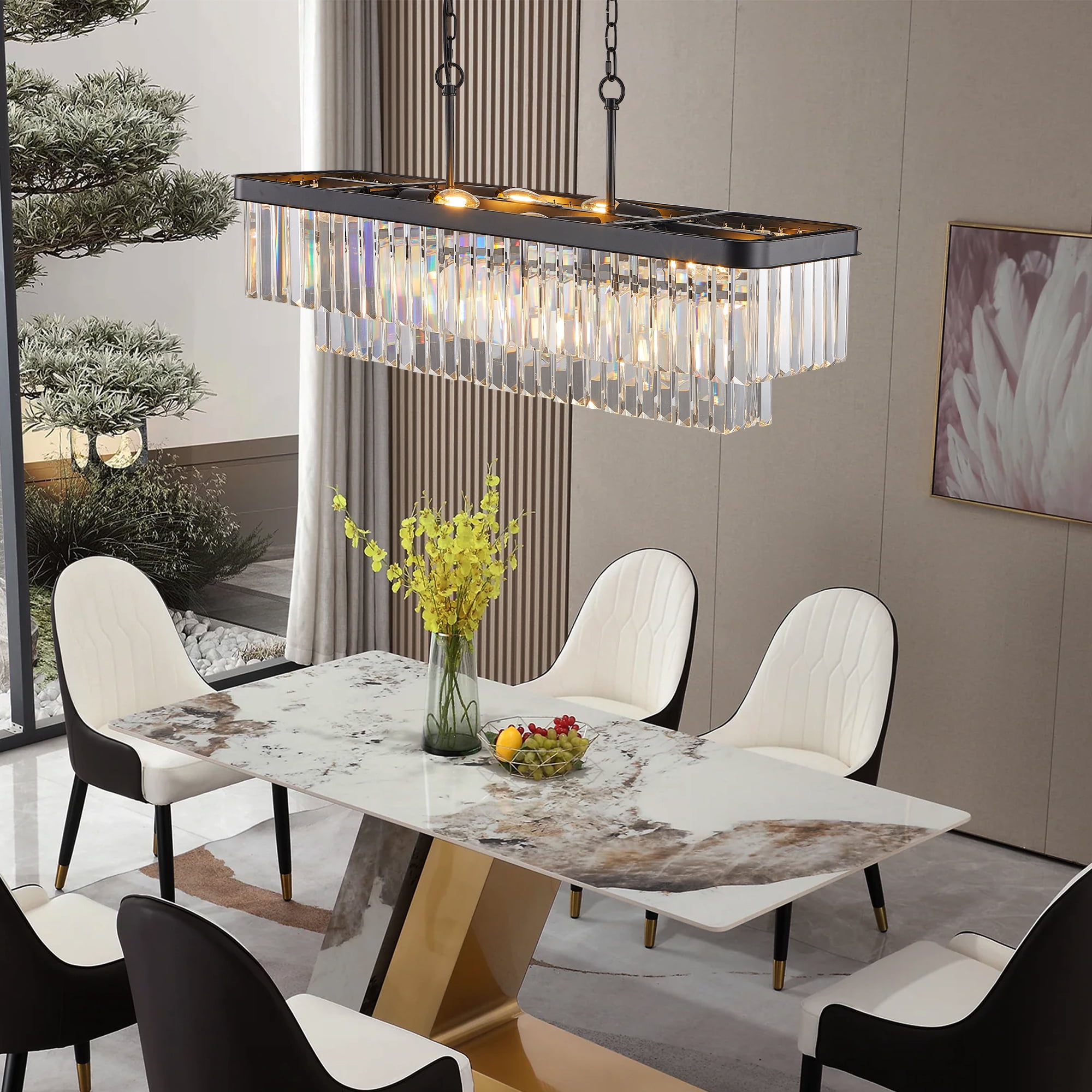 Crystal Chandelier, 11-Light 33.5in Black Modern Farmhouse Chandeliers Dining Room Lighting Fixture, Adjustable Rectangle Hanging Ceiling Light for Living Room,Pool Table Light, Kitchen Island