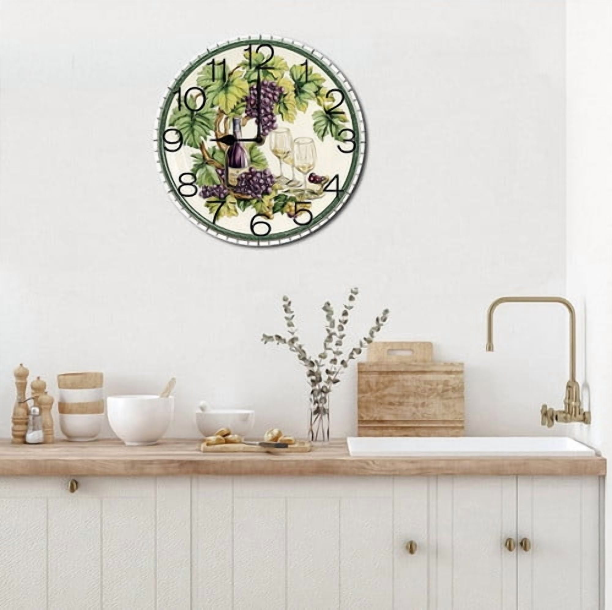 Eveokoki Wall Clock Wine Grape Wood Battery Operated Silent Non-Ticking Clock Decorative for Home Kitchen Living Room Office Bathroom Bedroom 10 Inch