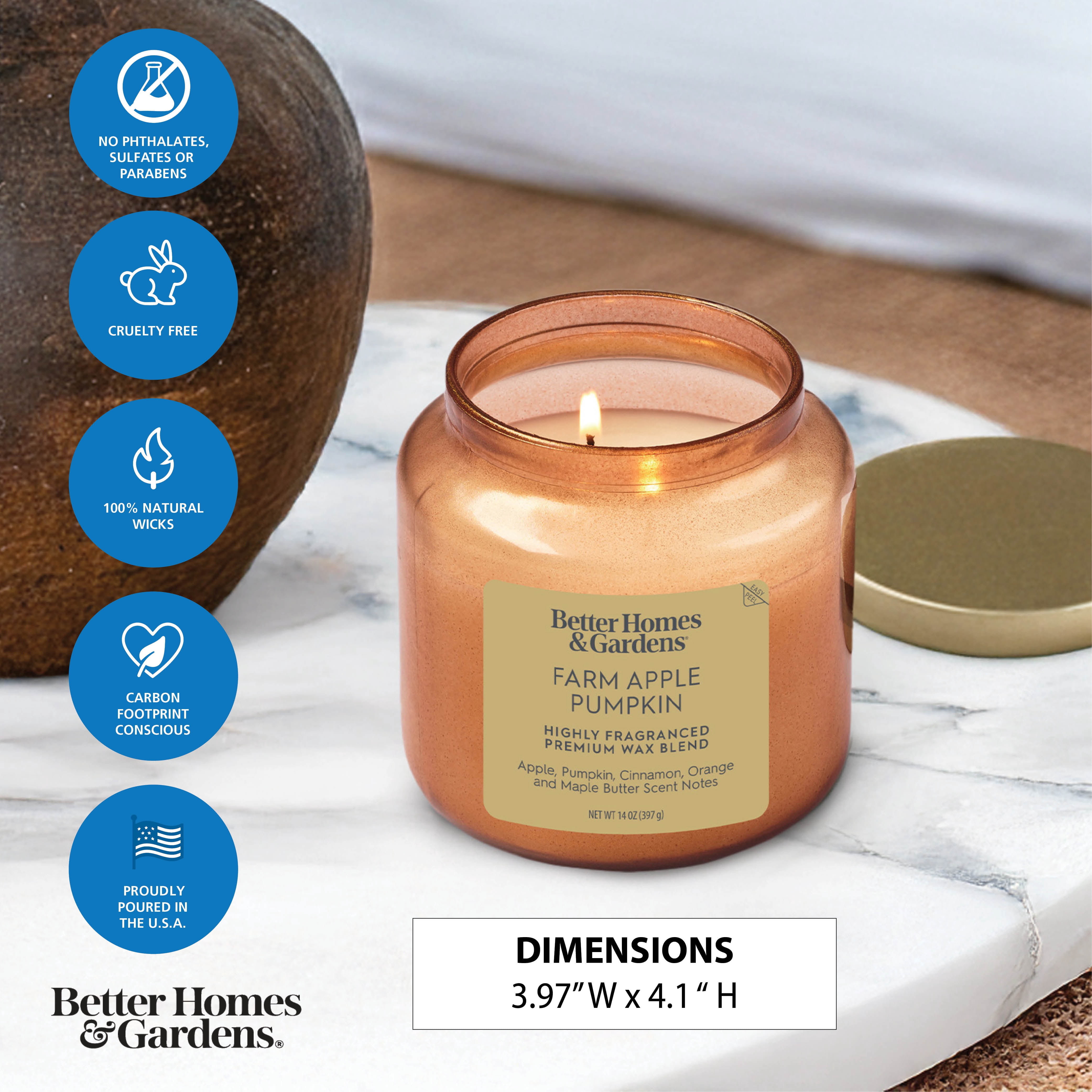 Better Homes & Gardens 2-Wick Orange Glass Jar Candle with Gold Lid, Farm Apple & Pumpkin, 14oz.