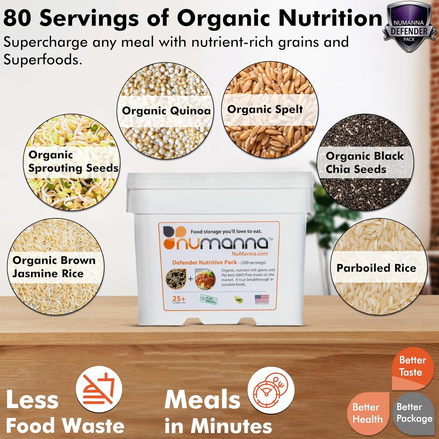 NuManna Defender Nutritive Pack – 204 Servings Emergency Food Supply Bucket | 1-Month Supply | Non-GMO Survival Meals with Organic Grains & Superfoods | Easy Prep | Camping & Daily Use