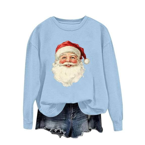 asdoklhq Christmas Crew Neck Sweatshirts Women's Round Neck Printed Loose Fitting Long Sleeve Hoodless Sweatshirts Light Blue L
