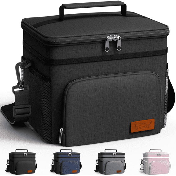 Insulated Lunch Box for Men & Women - Leak-Proof Cooler Lunch Bag with 4 Pockets, Adjustable Strap, Ideal for Work, Picnic, Travel - Medium, Black