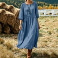 thumbnail image 3 of Oksale 3/4 Sleeve Dress for Women Summer Flowy A Line Mid Length Dresses Casual Round Neck Pleated Linen Dress Beach Sundress 2026 Blue L, 3 of 8