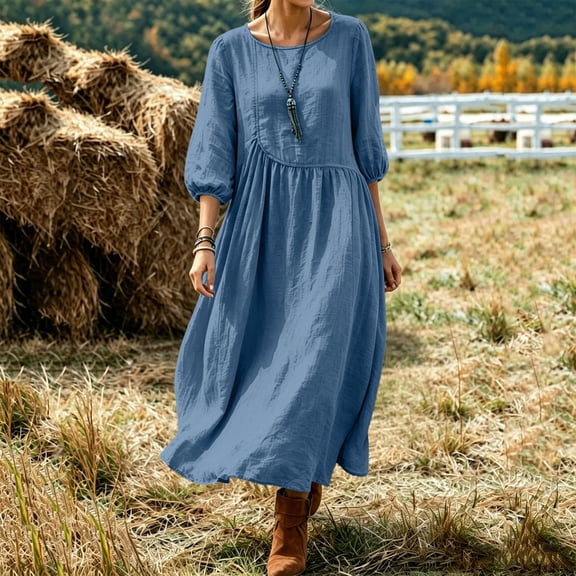 Aimik Women's 3/4 Sleeve Maxi Dress Crew Neck Loose Fitting Boho Long Dress with Pockets Summer Dresses for Women