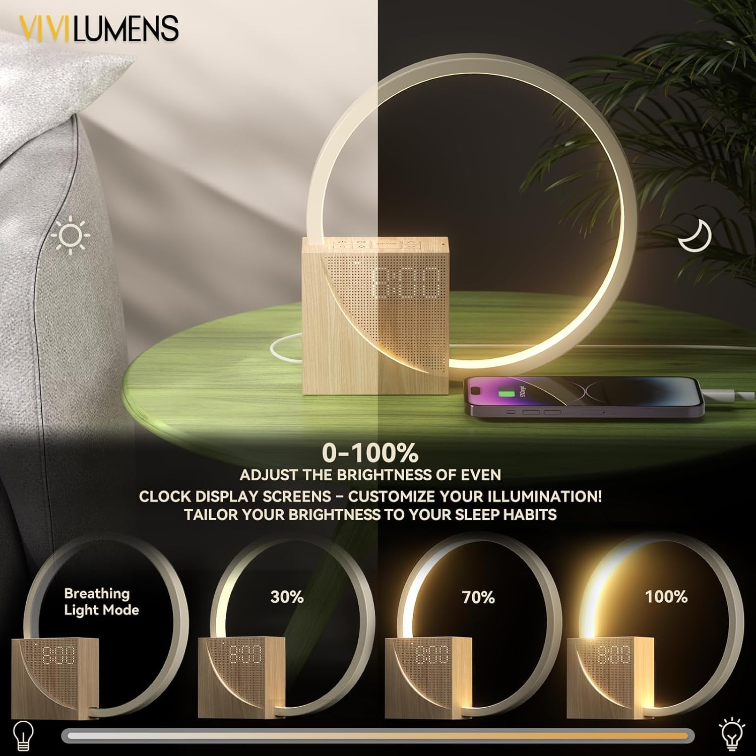Sunrise Alarm Clock for Heavy Sleepers Adults, 10 White Noise Sound Machine with 30/60/90 Timer, Touch Dimmable Light with USB Charger Port,Wood Grain