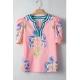thumbnail image 2 of Women's Pink Floral Print Striped Notched V Neck Bubble Sleeve Blouse - Summer Style | [ZhiHiMeRi] | (US 12-14)L, 2 of 9