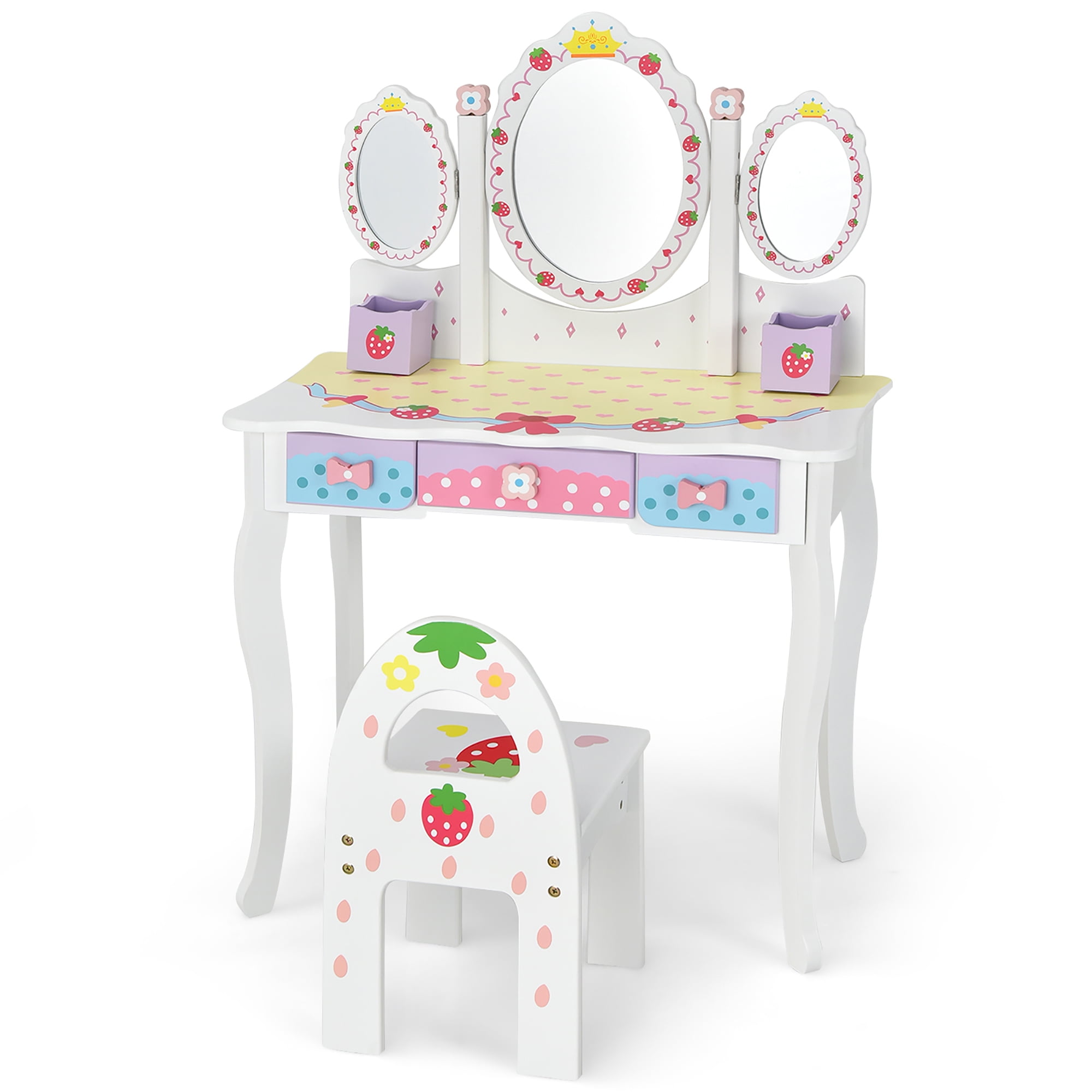 Costway Kids Vanity Princess Makeup Dressing Table Chair Set w Tri fold Mirror White Walmart