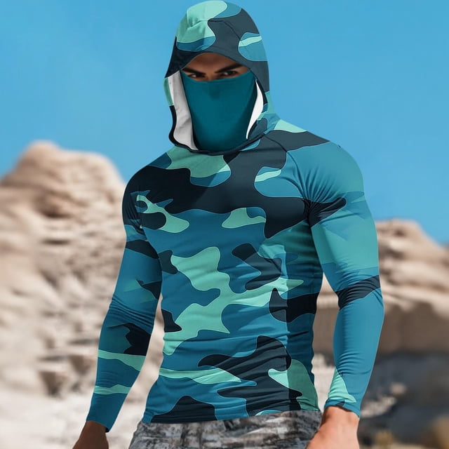 Ceisia Camouflage Print Hooded Top Men's Slim Fit Long Sleeve UV Protective Face Mask Shirt Mint Green XXL Gifts