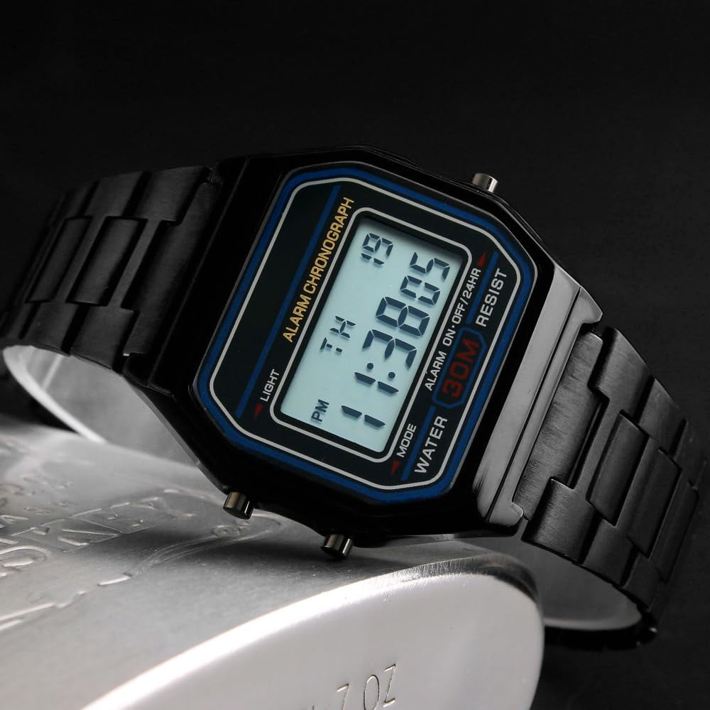 Classic Women's Digital Multifunction Sports Watch Stainless Steel Band Square Waterproof Electronic Led Watch