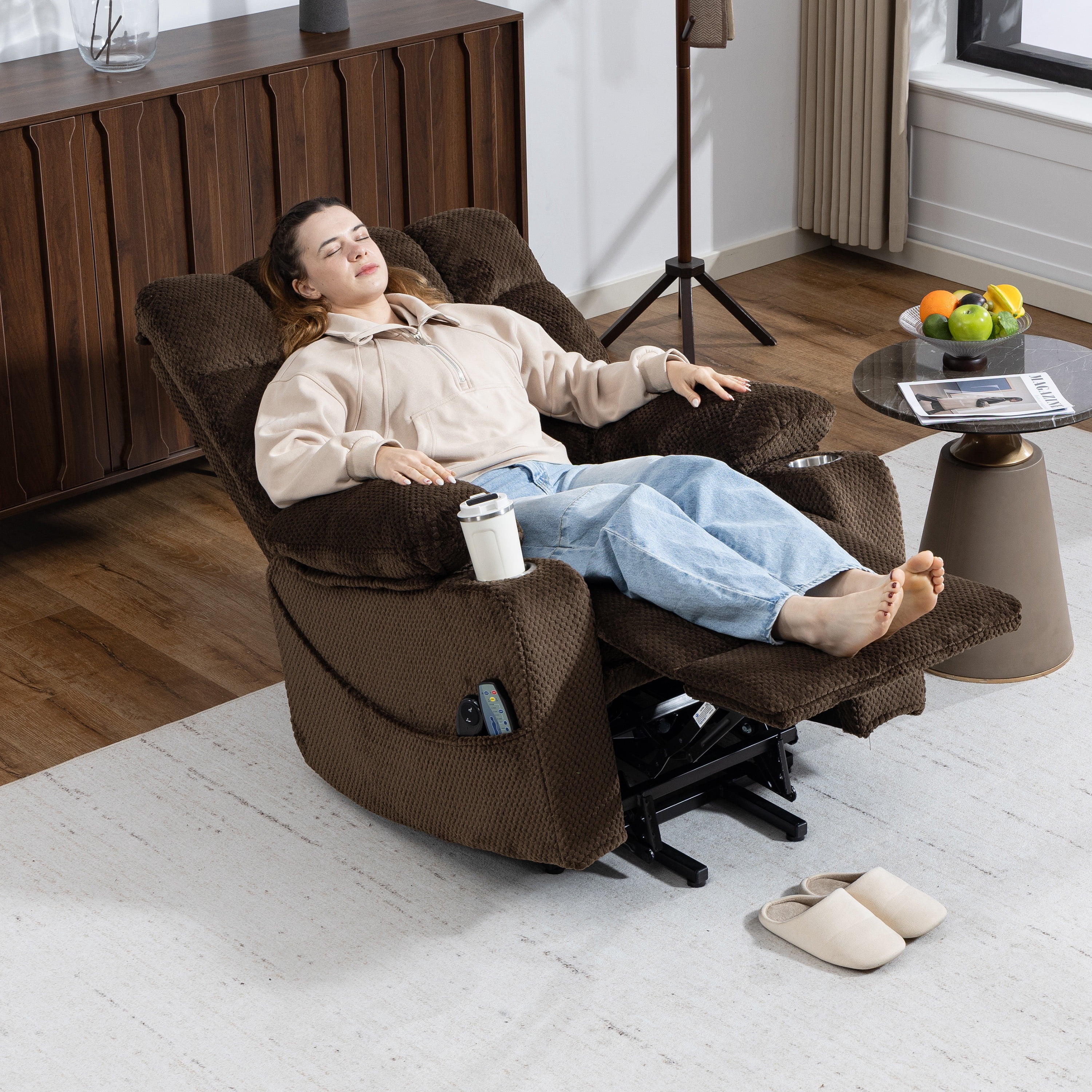 Power Lift Recliner Chair, Paproos Power Lift Recliner with Massage and Heat for Elderly, Reclining Sofa with Cup Holders & Side Pockets for Living Room, Velvet Fabric, Brown