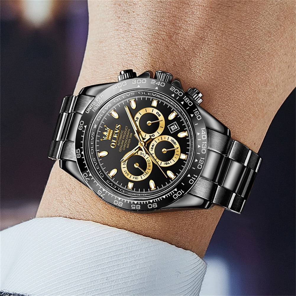 OLEVS Automatic Watches for Men Self Winding Chronograph Mechanical Luxury Dress Stainless Steel Calendar Date Waterproof Luminous Mens Wrist Watches Gift Reloj Para Hombre Gold/Black/Blue/Green Dial