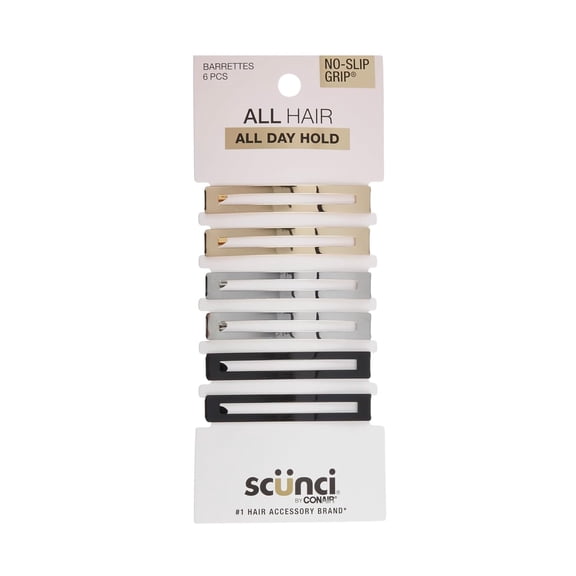 Scunci No Slip Grip All Day Hold No Slip Grip Hair Barrettes, Multi-Color, 6 Ct (6 pack)