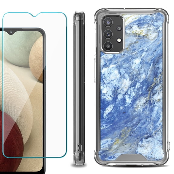 Shockproof Bumper Phone Case for Samsung Galaxy A32 5G, with Tempered Glass Screen Protector, by OneToughShield ® - Marble / Gem Blue