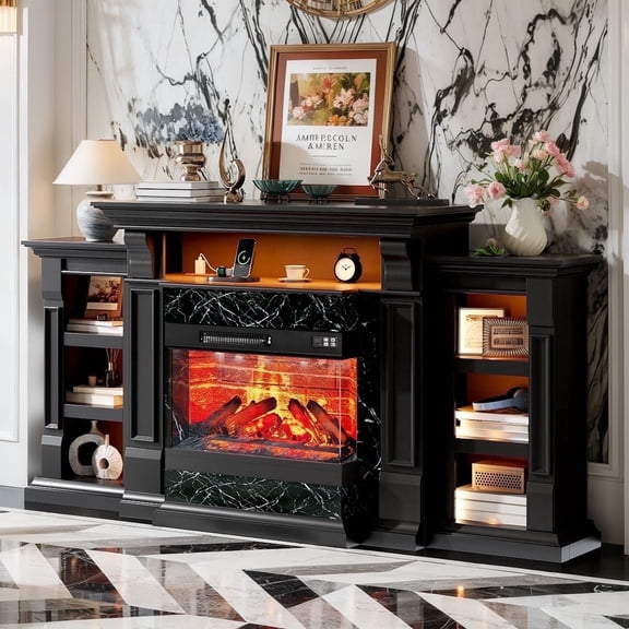 Holliwill 72" Fireplace TV Stand for TVs up to 80", 3-Sided Glass Electric Fireplace with Charging Station & LED Lights, Black