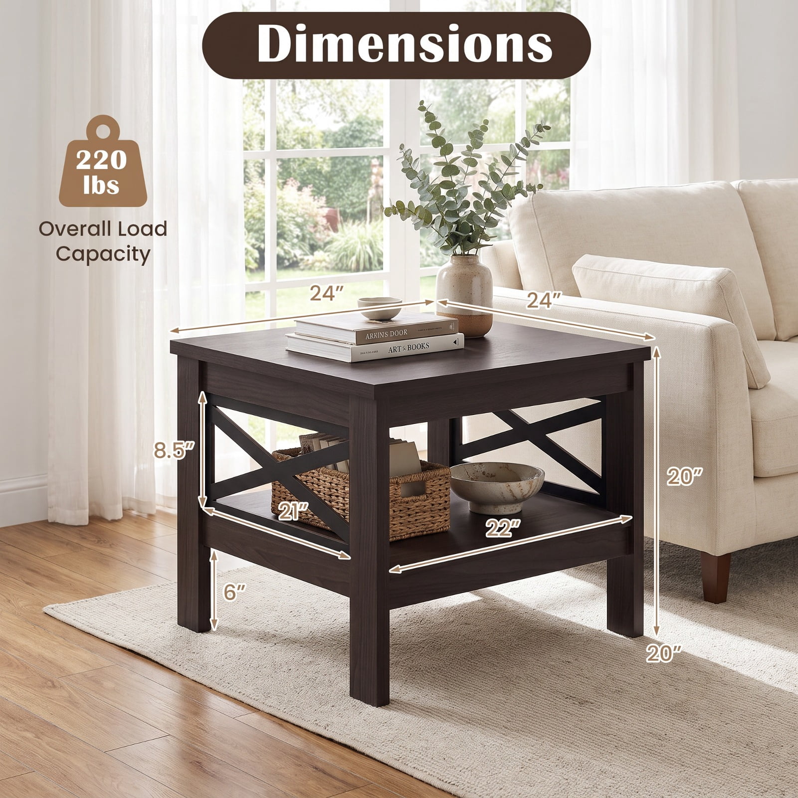 Furnibear 2 Tier Square Side Table with Storage Shelf and Farmhouse X Frame for Bedroom Living Room and Sofa Side, Brown