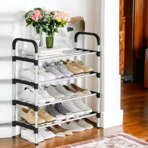 PinkSheep 4 Tier Shoe Rack, Stackable Metal 12 Pairs Shoes Organizer Storage Shelf for Closet Door Entryway