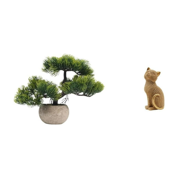 Árbol bonsái artificial,Bonsái artificial para decoración de escritorio o interior,Bonsái artificial,planta falsa en maceta.,Figura de escritorio,Estatua de gato,linda decoración para