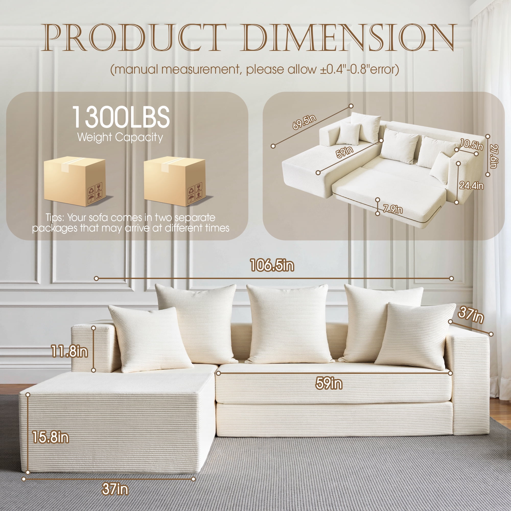YINIX 106.5" Modular Sofa Couch for Living Room , Cloud L-Shaped  Sofa with Deep Seating Upholstered, Beige