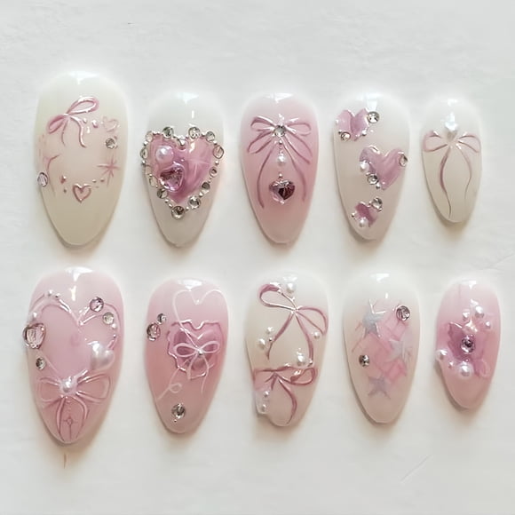Uñas postizas Press On Quezadyl 24 piezas rosa Valentine almendra