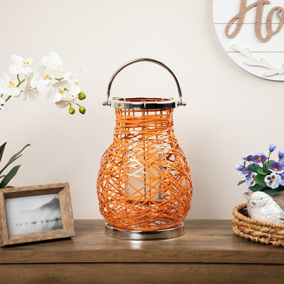 Northlight Woven Iron Pillar Candle Lantern with Glass Hurricane - 13.5" Orange