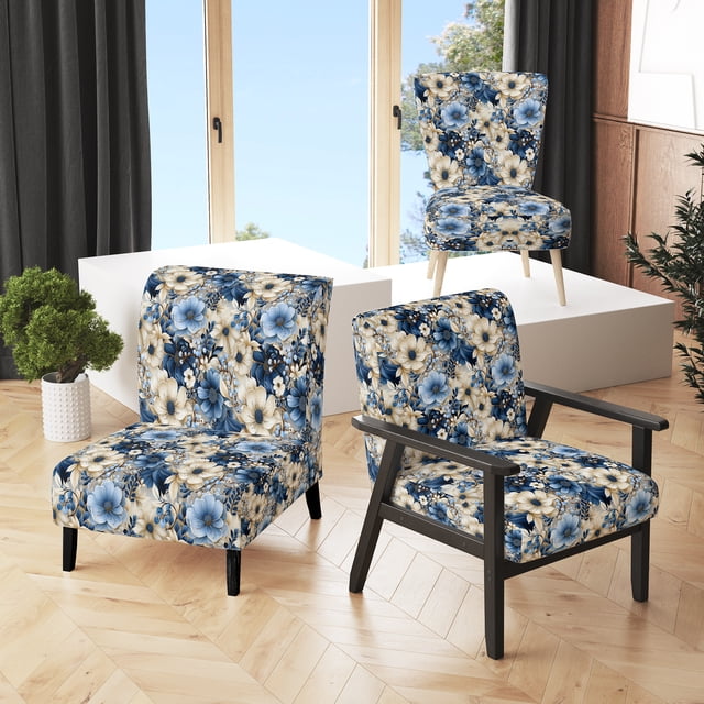 Designart "Blue White Ranunculus Charm II" Blue Floral Upholstered Accent Chair - Cottage Arm Chair For Living Room