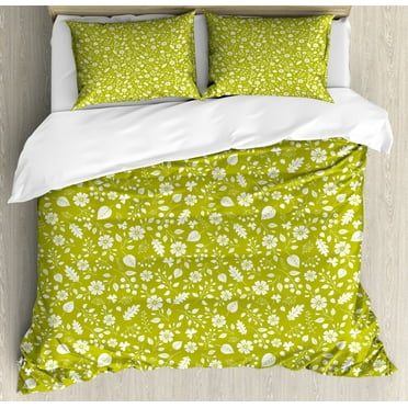 Botanical Duvet Cover Set King Size, Monochrome Pattern of Flowers Berries and Leaves Budding Elements, Decorative 3 Piece Bedding Set with 2 Pillow Shams, Yellow Green and White, by Ambesonne