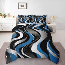 Manfei Modern Geometric Adult Queen Comforter Set, Blue Stripes Bedding Comforter Set, Minimalst Minimalism Reversible Bedding Set, Breathable Home Decor, 3pcs