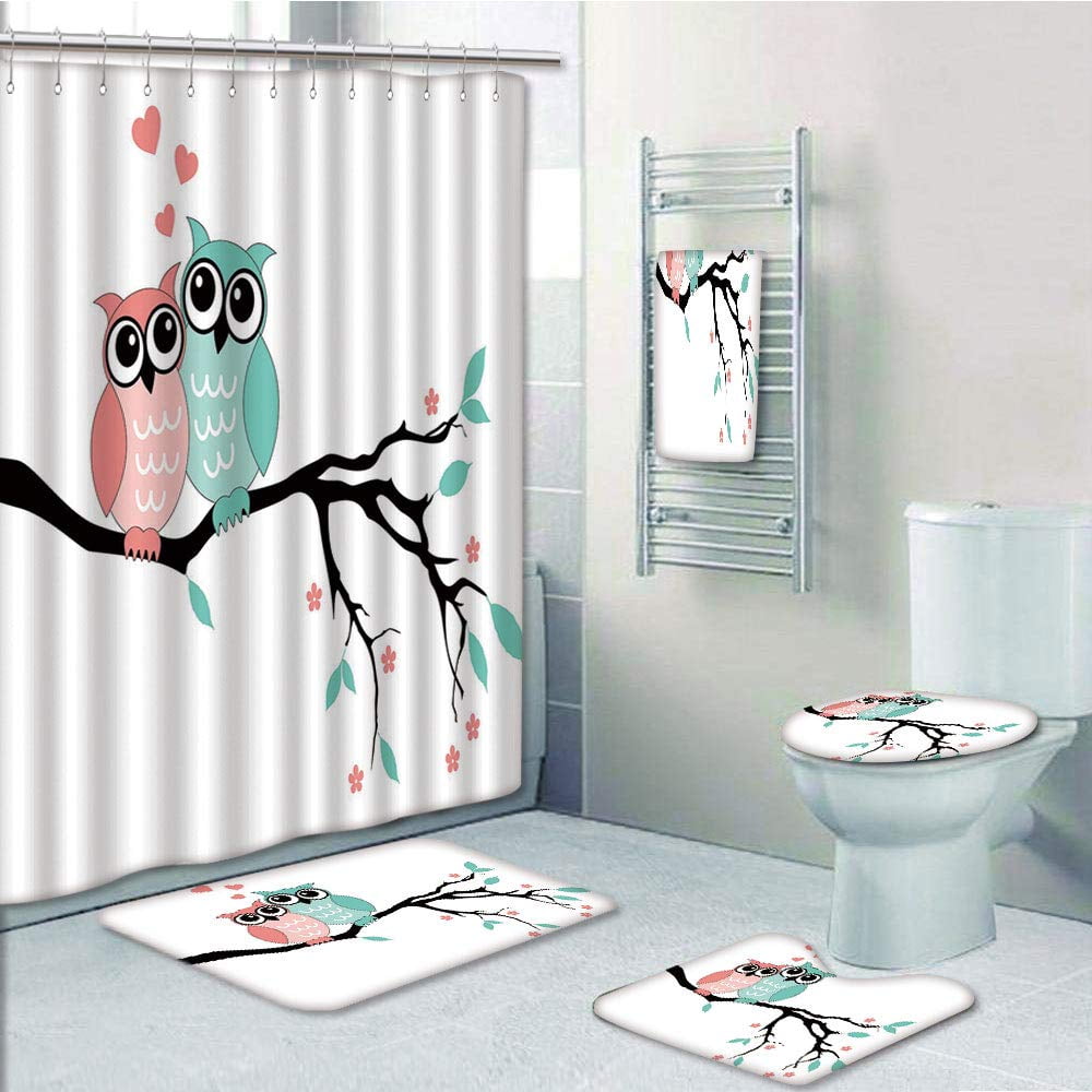 Owl Shower Curtain Christmas Family on Tree Print for Bathroom 