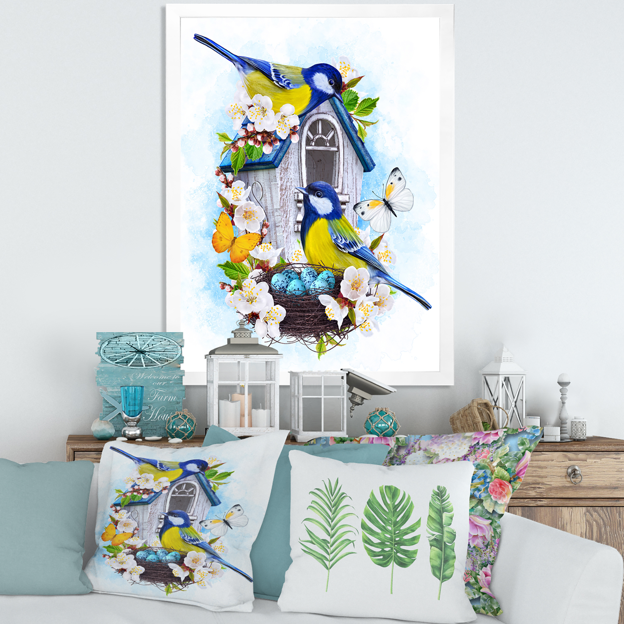 Designart 'Two Tit Birds Sitting Near The Nest With Eggs and White Flowers I' Traditional Framed Art Print