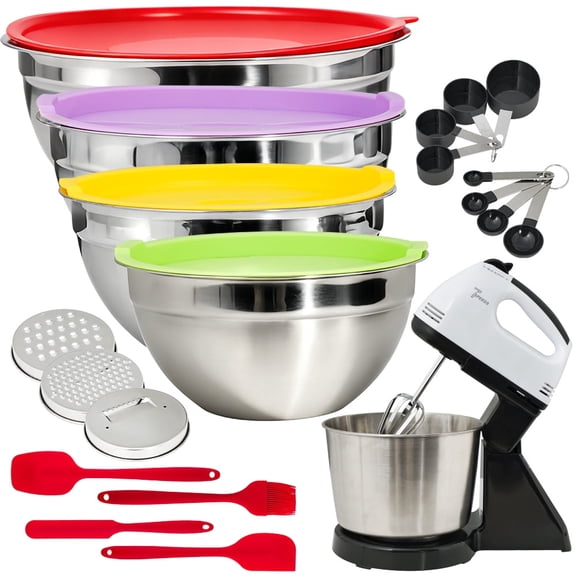 7-Speed Electric Hand&Stand Mixer,26PCS Stainless Steel Mixing Bowls with Lids & Grater Attachments,Nesting Bowls Set for Cake,Baking,Cooking & Serving