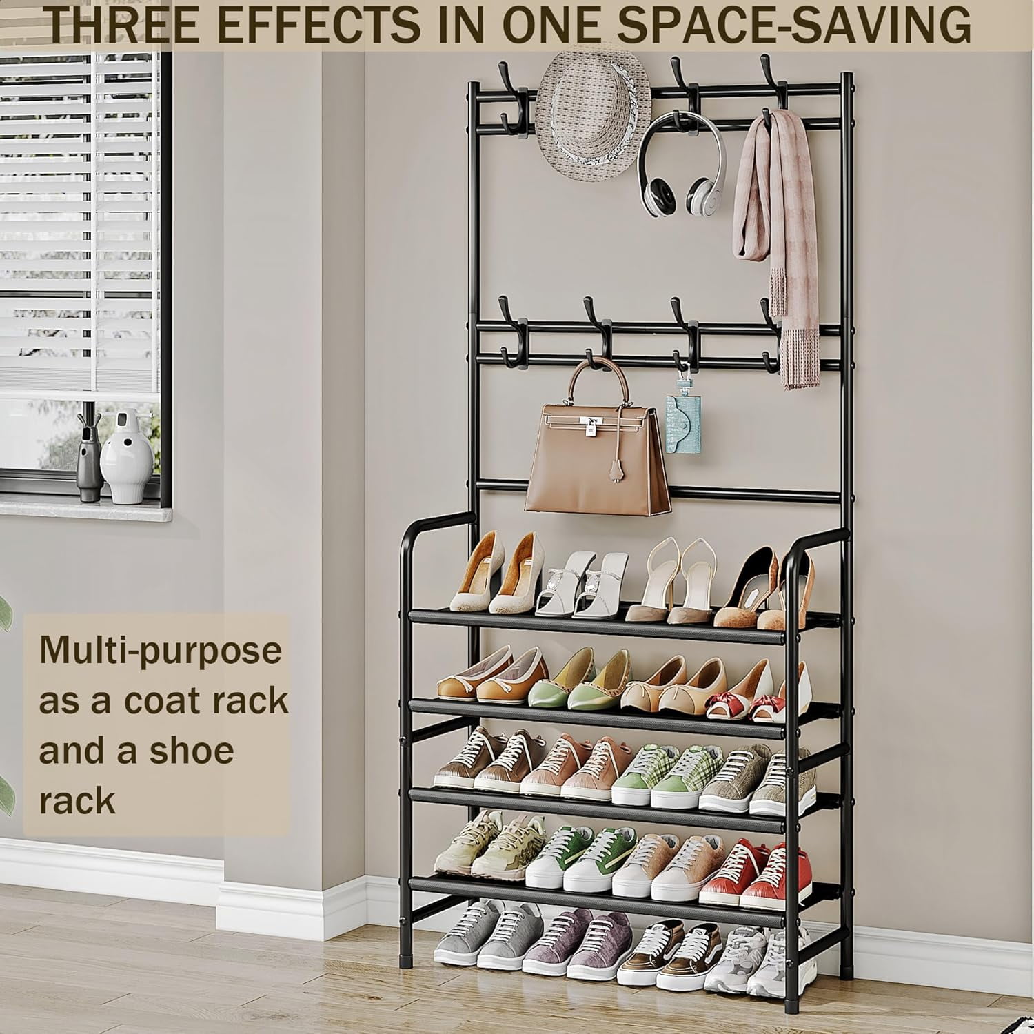 SEAMIKA Coat Rack Shoe Rack With Storage Shelf Freestanding with 8 Hooks for Entryway Bedroom Closet 4 Tier, Black