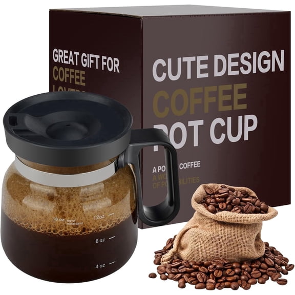 16 Oz Glass Coffee Pot Mug, Portable Mini Glass Coffee Cup with Spill Proof Lid, Reusable Novelty Drinkware for Daily Coffee, Tea, Juice Beverage Lovers