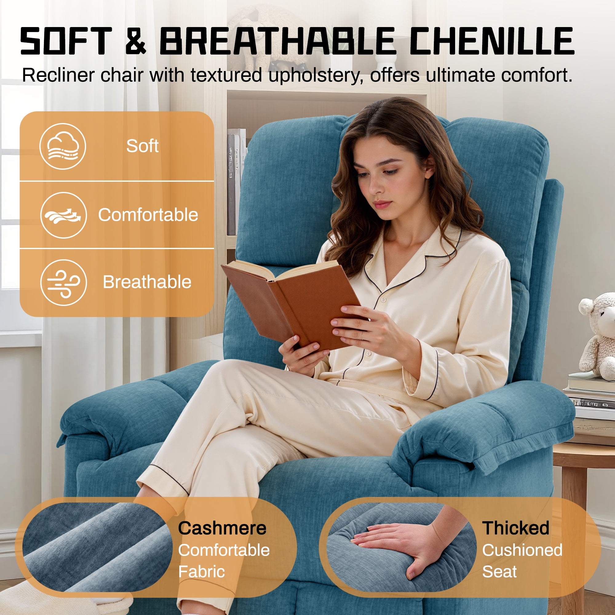 Korser 360°Swivel Recliner Chair for Adults with Side Pockets,Small Rocking Recliner for Small Spaces for Living Room,Nursery,Blue
