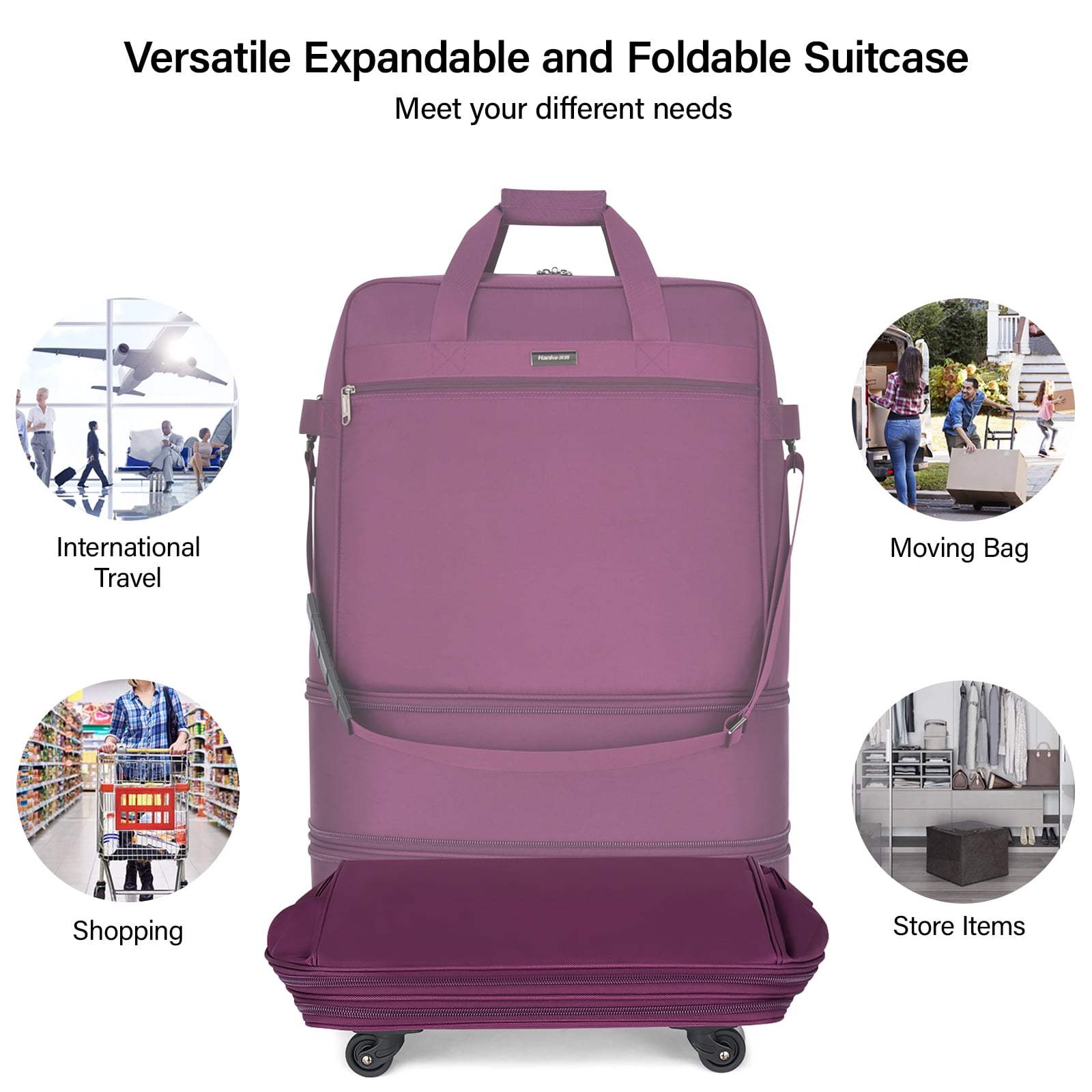 Hanke Suitcases with Wheels Expandable Foldable Luggage Bag Suitcase Collapsible Rolling Travel Bag Duffel Bag for Men Women Lightweight Suitcases,Purple