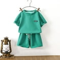 thumbnail image 2 of Miluxas Toddler Boy's Casual 2 Piece Outfit Letter Round Neck Tee Top and Elastic Waist Track Bermuda Shorts Green 3 Years, 2 of 3
