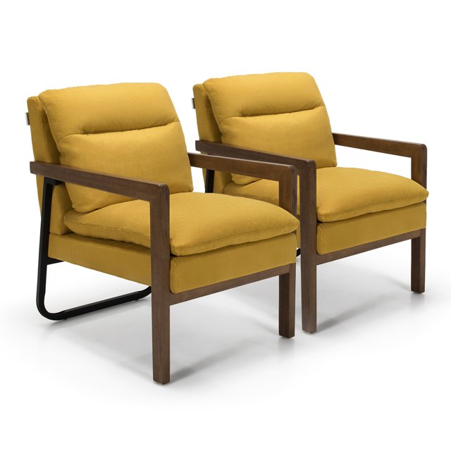 Costway Set of 2 Modern Accent Armchair Lounge Chair w/ Wood Legs & Steel Bracket Yellow