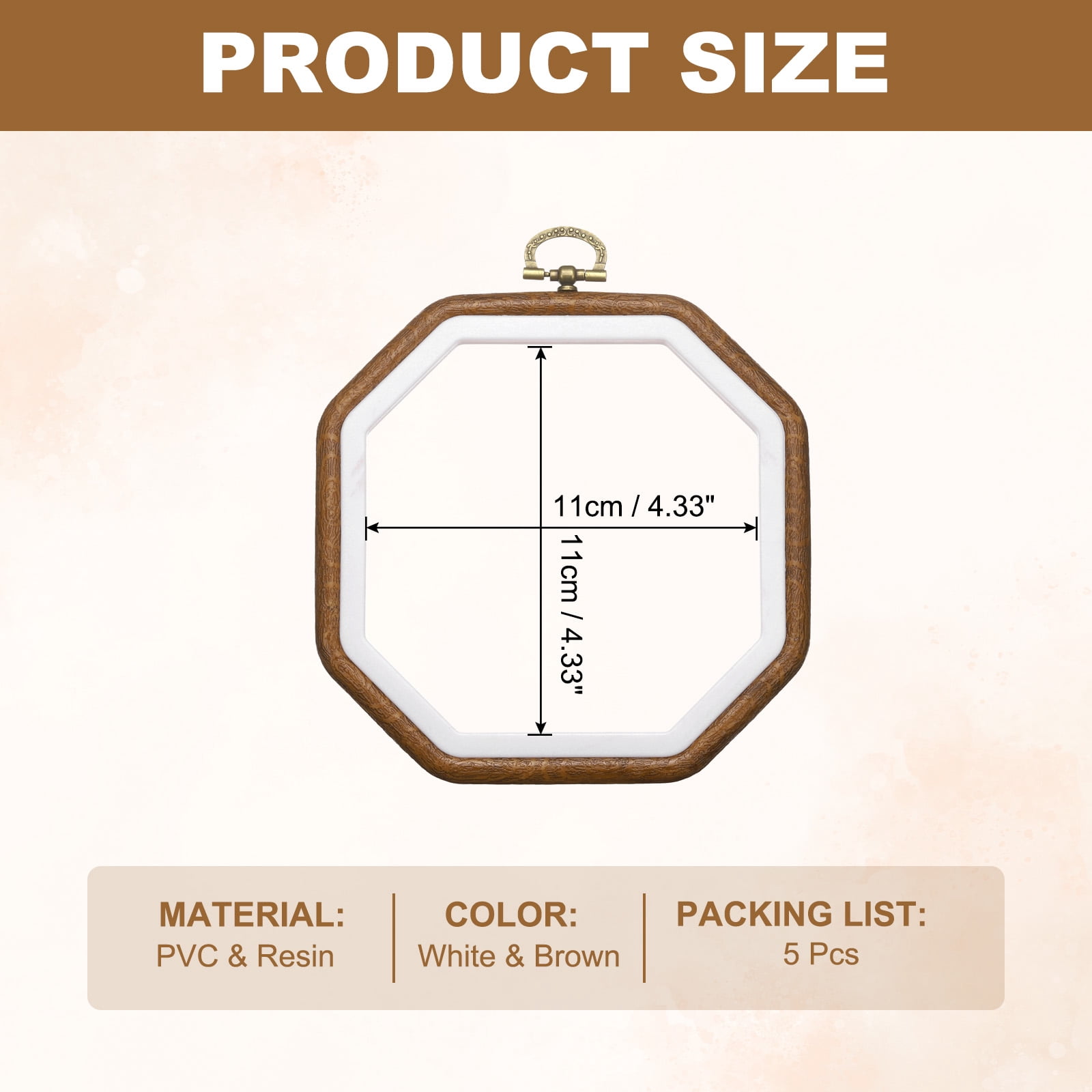 5 Pcs Embroidery Hoop Frame, Imitated Wood Octagon Cross Stitch Hoops with Metal Ring for Embroidery DIY Craft Sewing Wall Decor (5.51 x 5.51 Inch White & Brown)
