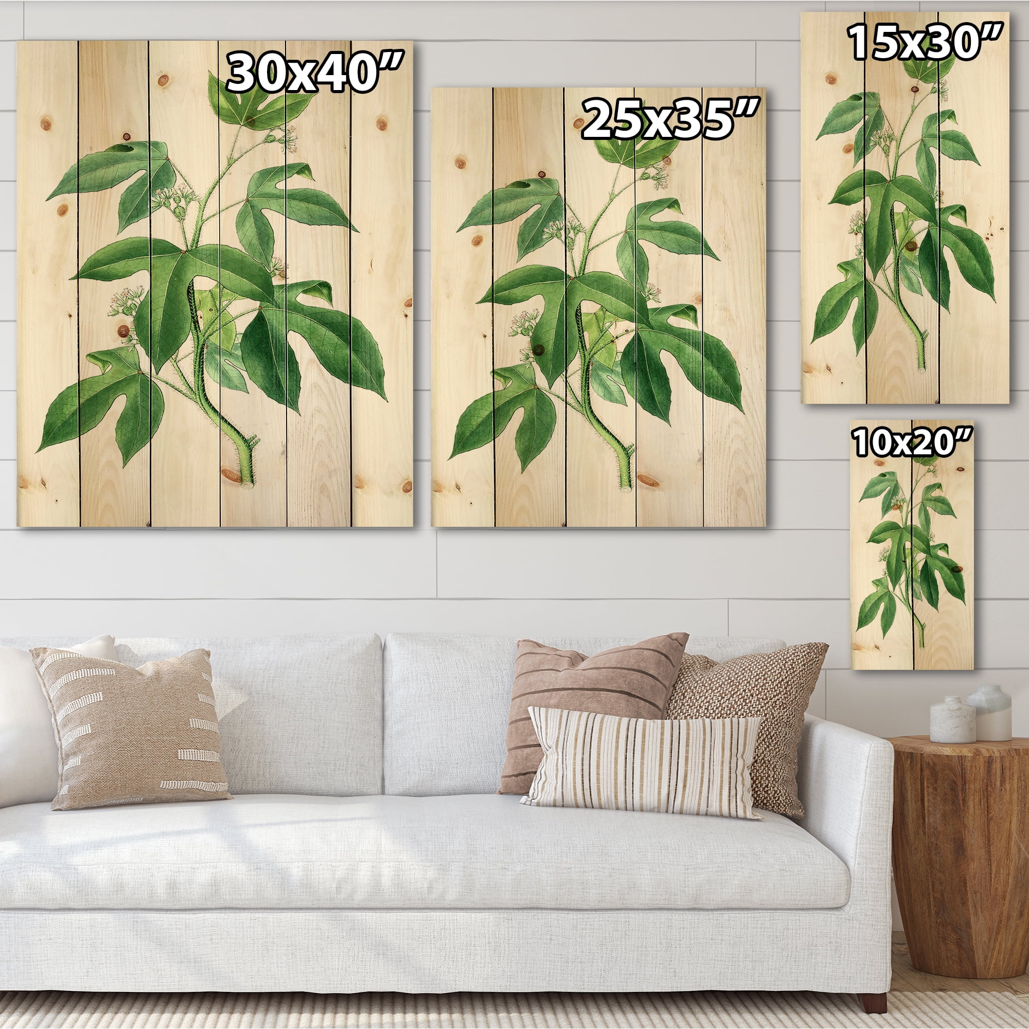 Designart 'Ancient Green Leaves Plants V' Traditional Print on Natural Pine Wood