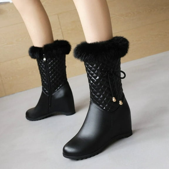 HUPOM Womens Boots Wedges High Heel Rubber Slip-On Thigh High Boots Black 40(US:7.5)