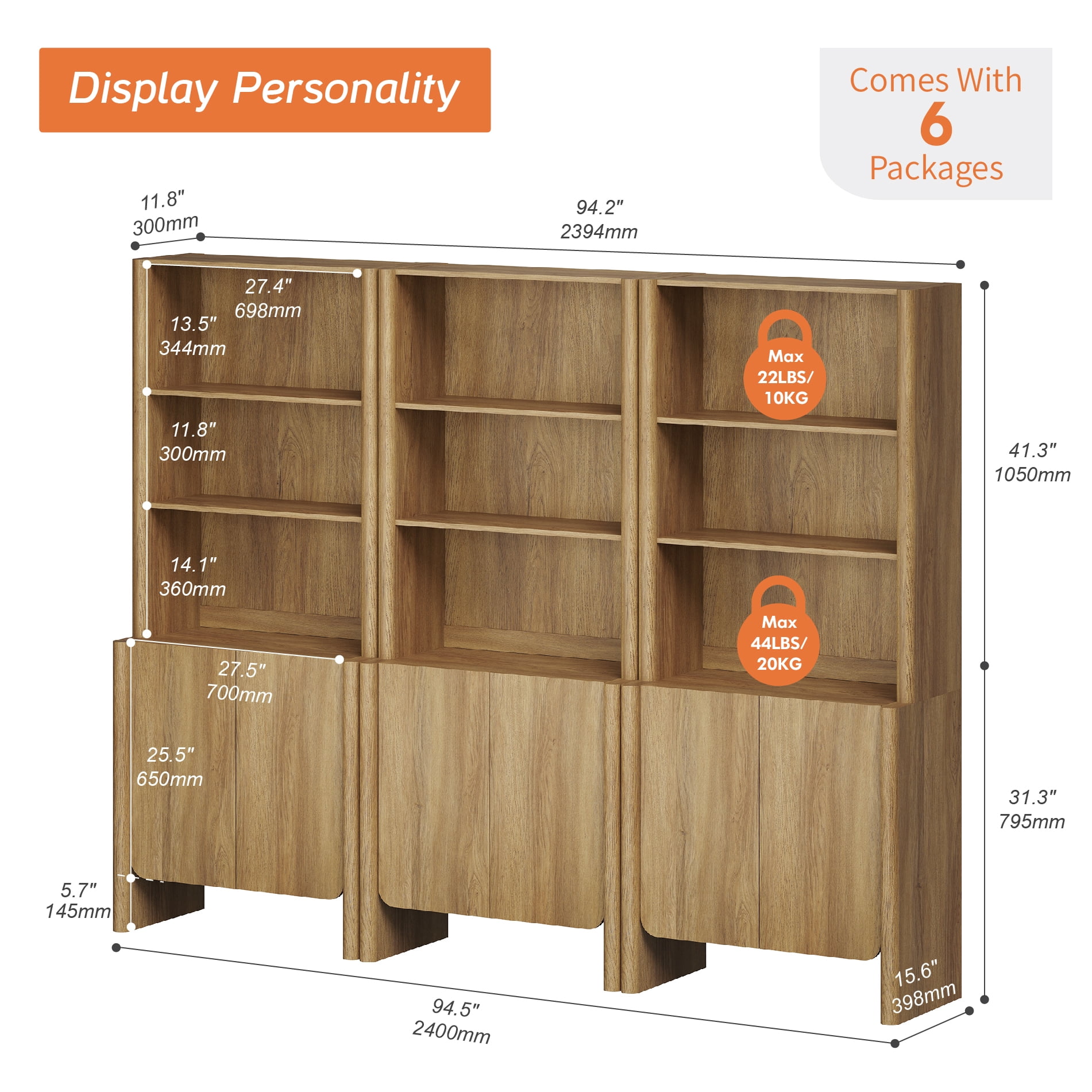 94.5-Inch Modern French Bookcase with Curved Edges, Doors and Open Shelves, 72.8" Tall, Walnut