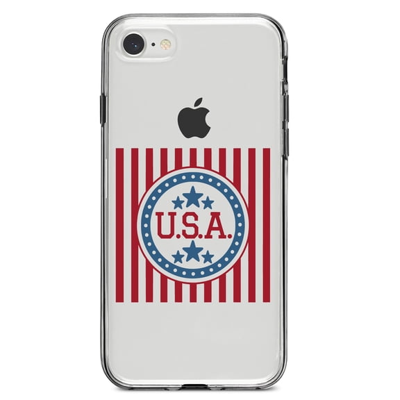 DistinctInk Clear Shockproof Hybrid Case for iPhone 7 8 SE (2020 Model) 4.7" Screen TPU Bumper Acrylic Back Tempered Glass Screen Protector - USA Banner Flag Red White & Blue